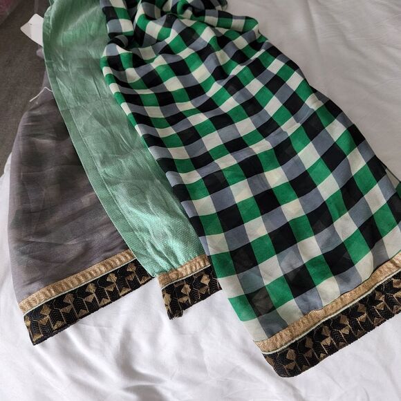 GORGEOUS! HALF SAREE - Green Grey Gold Georgette Saree - Picture 11 of 14